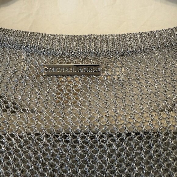 MICHAEL KORS XS Open Knit Mesh Metallic Dolman Top Silver Castlecore - Picture 7 of 10